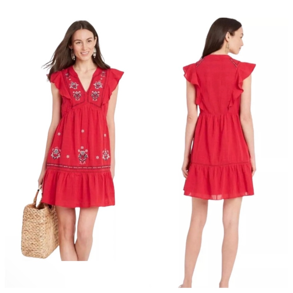Knox Rose Red Sleeveless Ruffle Embroidered Tunic Dress Small Boho Cottagecore